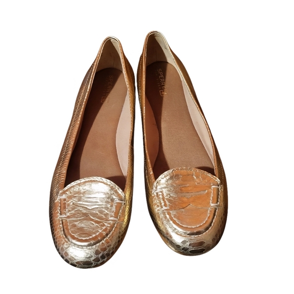 Sperry Snakeskin Gold Leather Penny Loafer Ballet Flat Size 9 - Picture 2 of 6